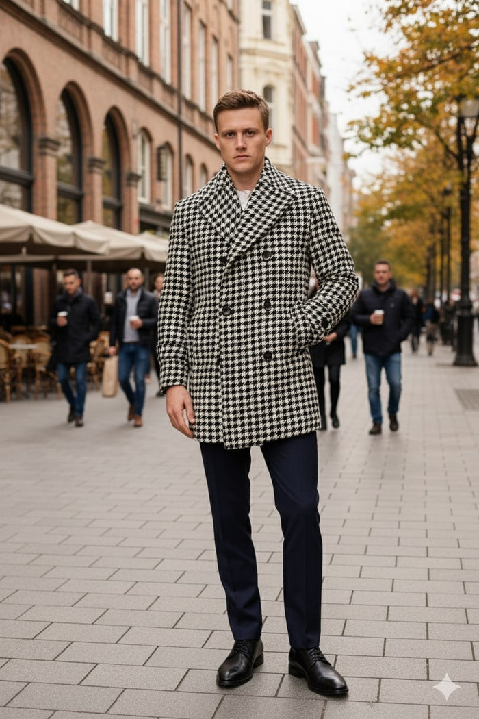 Mens Houndstooth Double-Breasted Overcoats  Classic Black and White Wool Blend Peacoat Wool Fabric