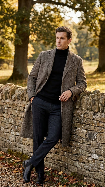 Mens Black & Grey  Herringbone Tweed Wool Blend Overcoat  Classic Single-Breasted Winter Blazer Carcoat