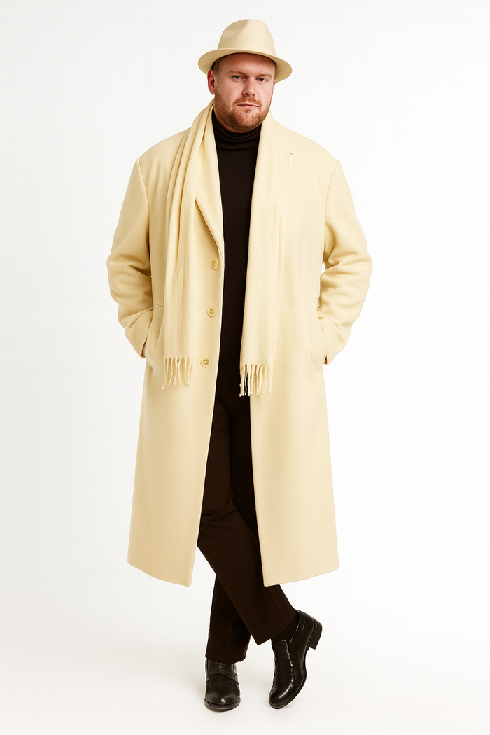 Mens Long Cream Overcoat Wool Fabric in Ivory Off White Color Full length