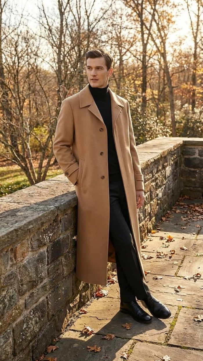 Mens Full-Length Camel Overcoat  Classic Long Microfiber-Blend Coat for Winter and Formal Wear Maxi Duster Coat
