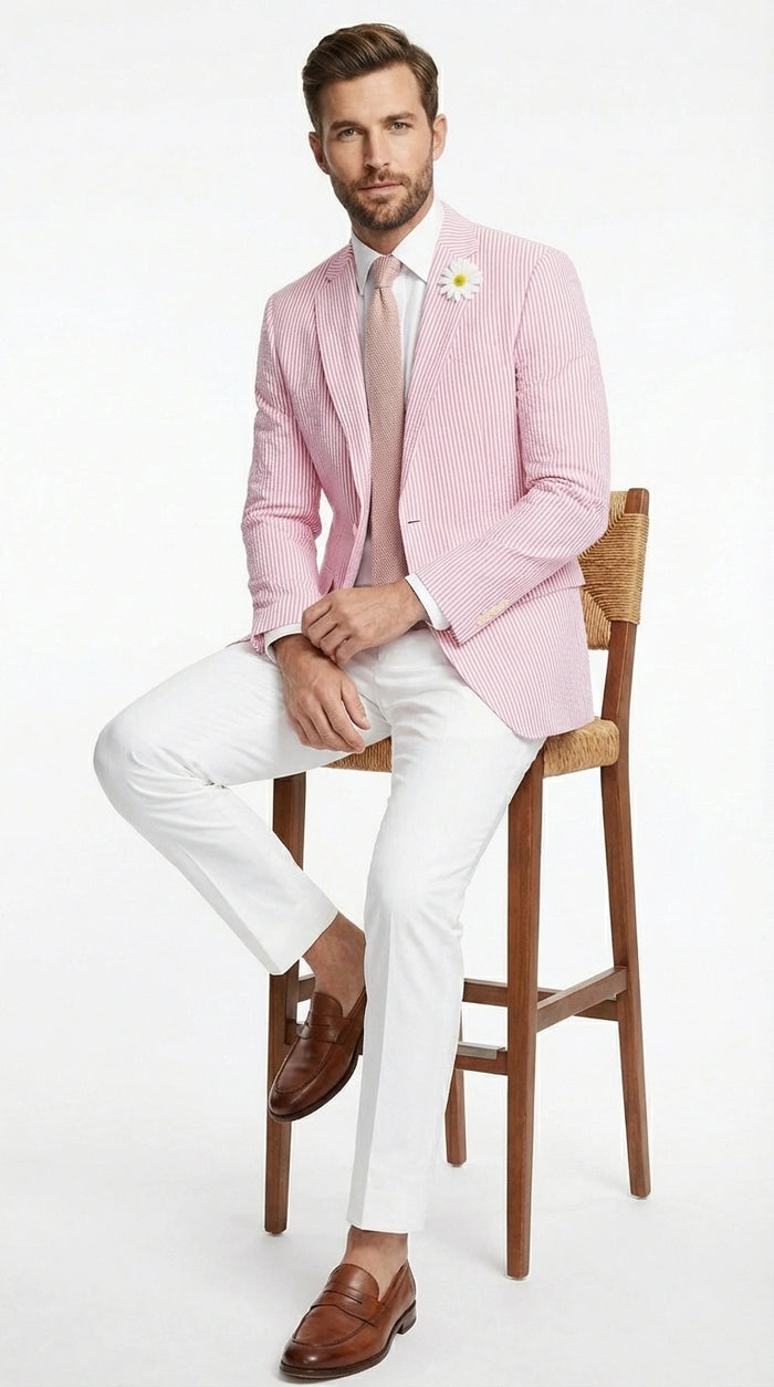 Men's Pink Seersucker Blazer – Lightweight Striped Summer Sport Coat Casual Smart Formal Jacket