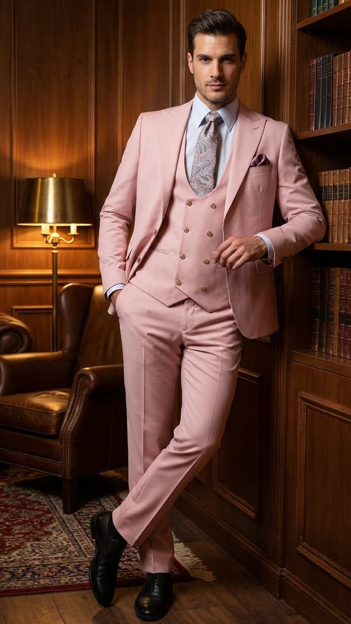 Mens Blush Pink and Gold Three-Piece Suit  Tailored Fit Formal Wedding, Vested Suit By Rossiman