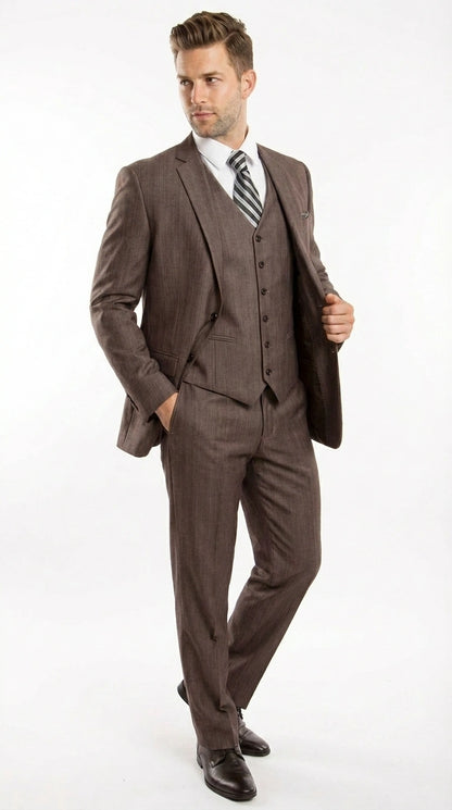 Men’s Brown Sharkskin 3 Piece Suit – Textured Two Button Vested Business Formal Suit for Wedding, Party Wear Elegant