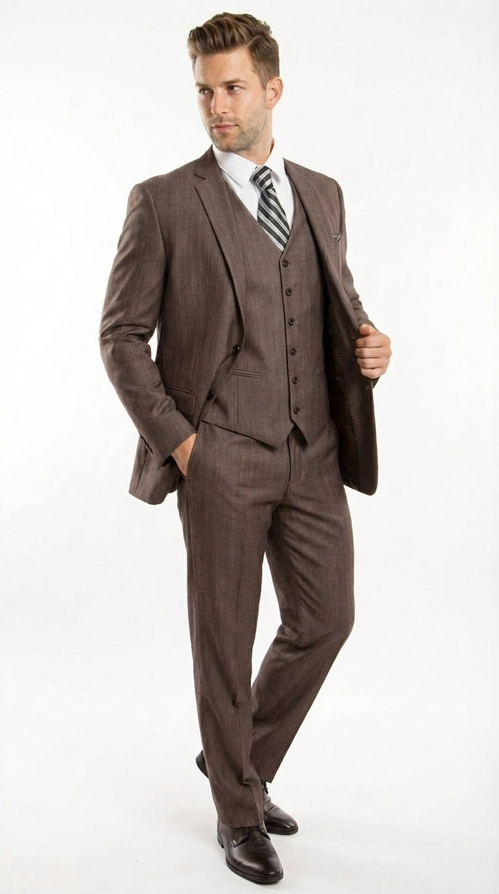 Men’s Brown Sharkskin 3 Piece Suit – Textured Two Button Vested Business Formal Suit for Wedding, Party Wear Elegant
