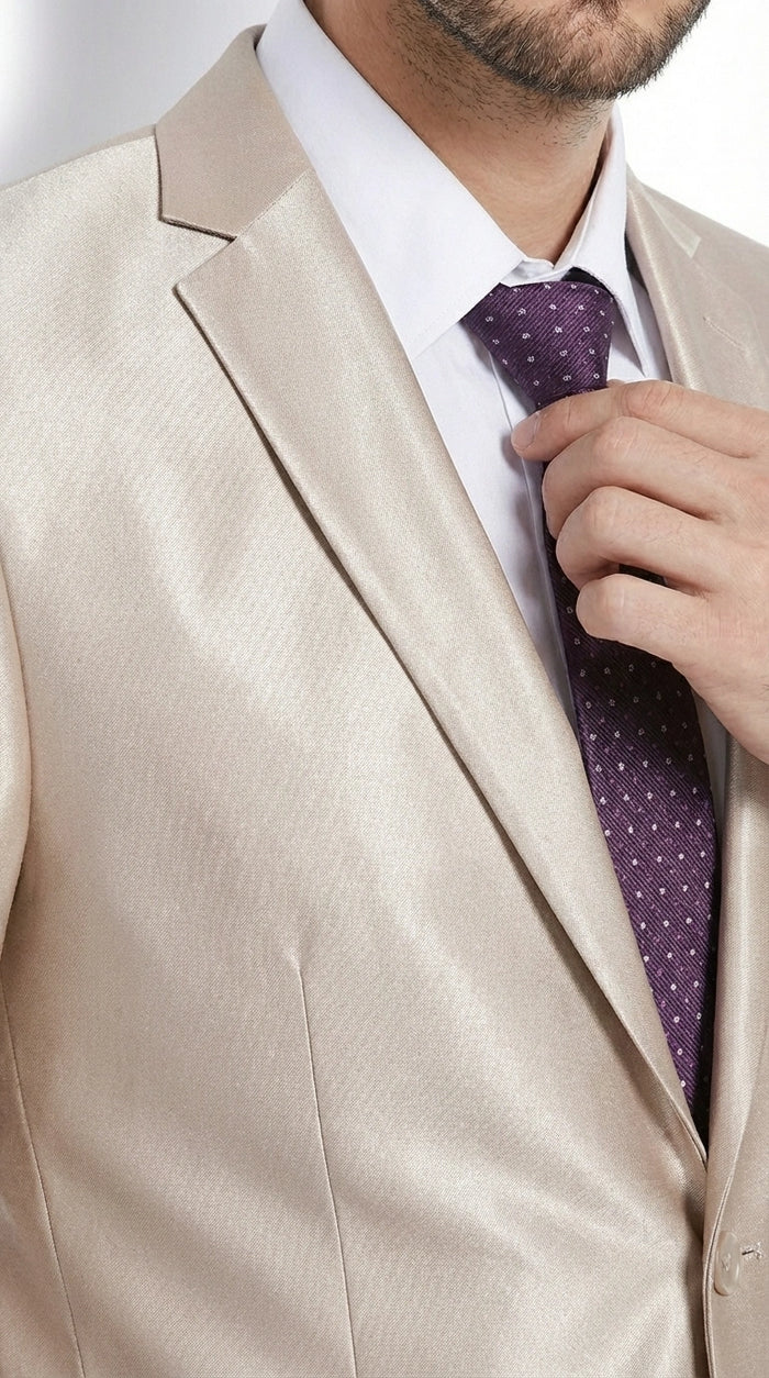 Men’s Champagne Tan Sharkskin 2 Button Suit – Sleek Formal Suit with Optional Vest for Wedding, Prom, Business Beige Color