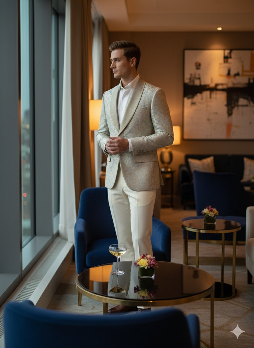 Mens Champaign Silver and Cream Embroidered Luxury Blazer  Floral Pattern Wedding & Party Dinner Jacket in Light Tan Color