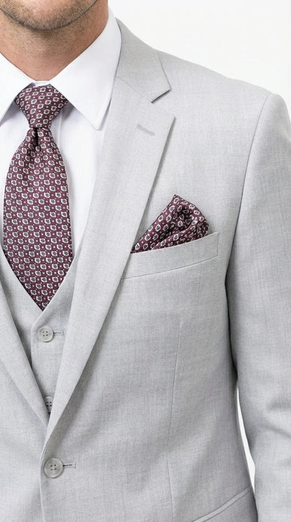 Men’s Light Grey Sharkskin 3 Piece Suit – Two Button Vested Modern Formal Business Suit for Wedding in silver Ice Gray