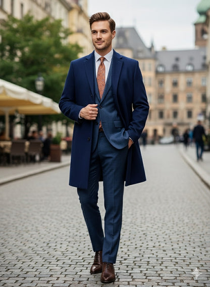 Mens Cobalt Blue Wool and Cashmere Car Coat Overcoat  Classic Winter Topcoat for Indigo Sapphire Color (light Navy Dark Royal)