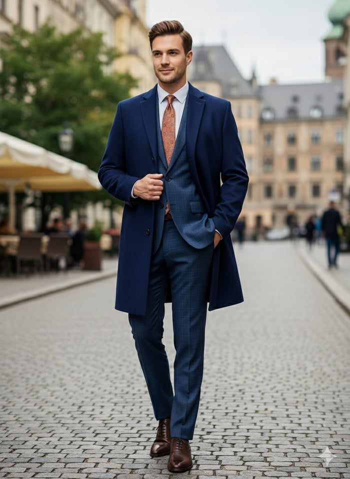 Mens Cobalt Blue Wool and Cashmere Car Coat Overcoat  Classic Winter Topcoat for Indigo Sapphire Color (light Navy Dark Royal)