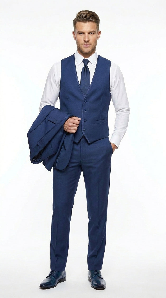 Men’s Blue 3 Piece Vested Tuxedo with 2 Button Jacket, Satin Trim and Matching Pants