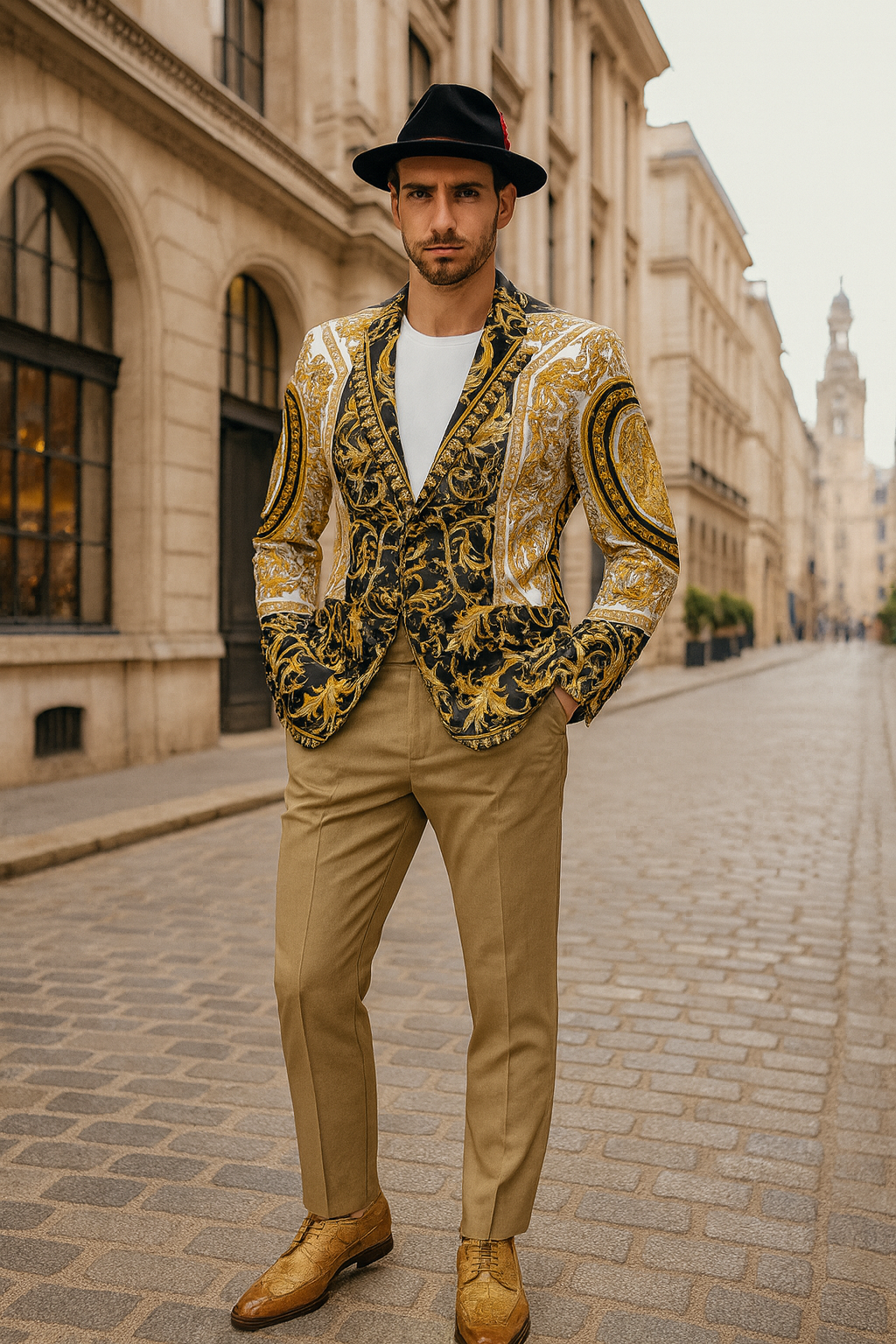 Mens Black and Gold Baroque Blazer with Matching Pants, Hat, and Shoes  Luxury Party and Wedding Outfit Set
