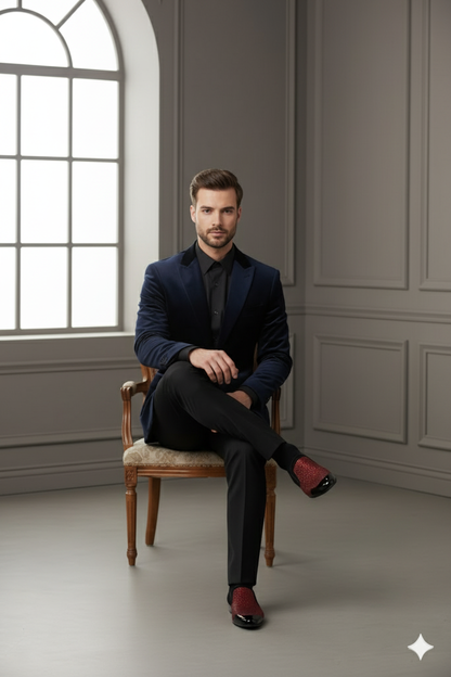Mens Red Glitter Tuxedo Loafers  Shiny Slip-On Dress Shoes with Black Patent Toe for Parties and Formal Events