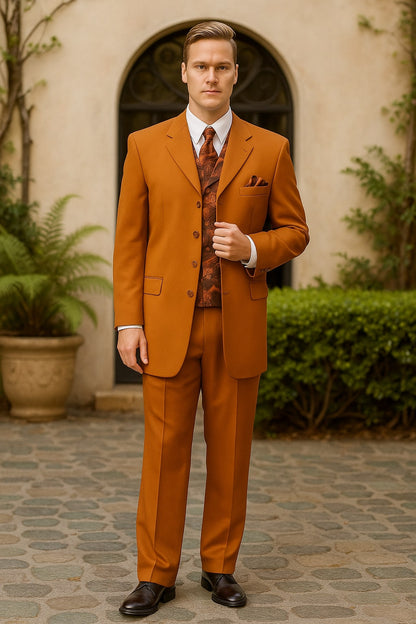 Mens Rust 3-Piece Fashion Suit  Notch Lapel with Paisley Vest, Tie and Pocket Square - Zoot Suit
