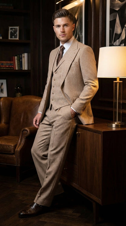 Men’s Beige tan Checkered Three Piece Suit with Classic Fit Wide Leg Pleated Pants by Rossiman khaki color