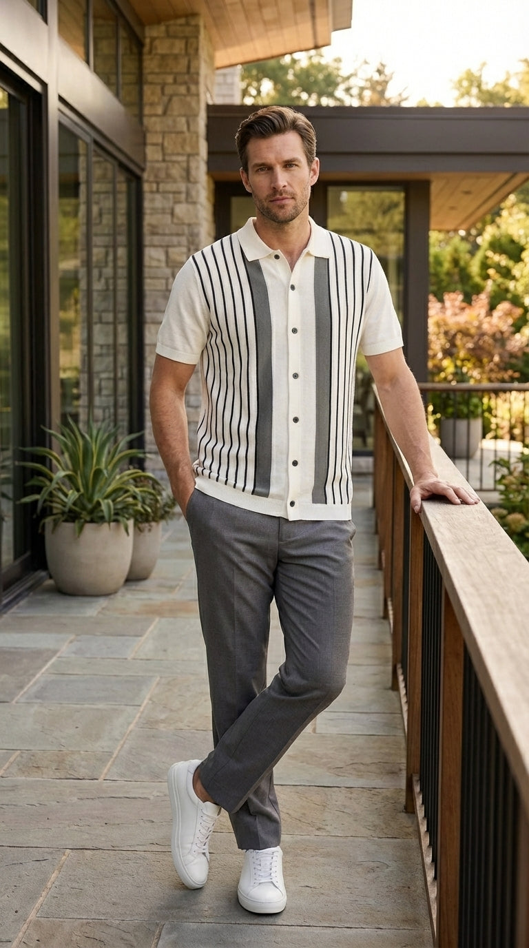 Mens White and Charcoal Gray Stripe Walking Suit Set – Short Sleeve Button Shirt and Pants Casual Summer Outfit for Travel, Vacation and Everyday Wear