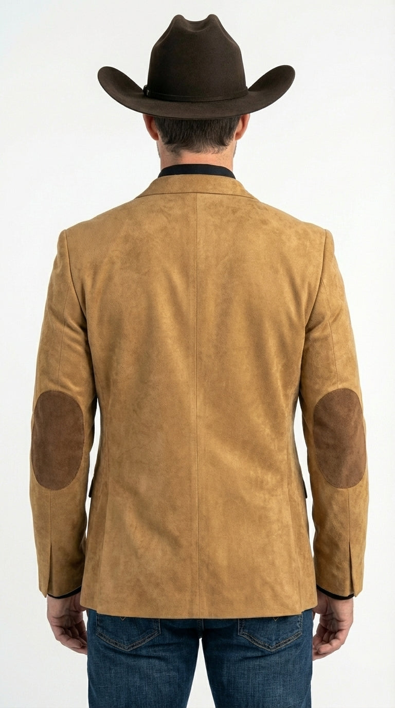 Men’s Camel Suede Cowboy Blazer with Elbow Patch – Camel Western Style Suede Sport Coat for Casual