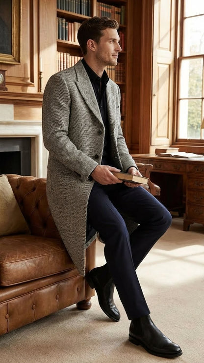 Mens Grey Herringbone Long Overcoat  Tweed Black and White Pattern Wool Topcoat Three Qaurter