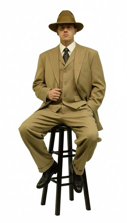 Mens Tan Pinstripe Zoot Suit  1920s Gangster Vintage 3-Piece Suit with Wide-Leg Pants
