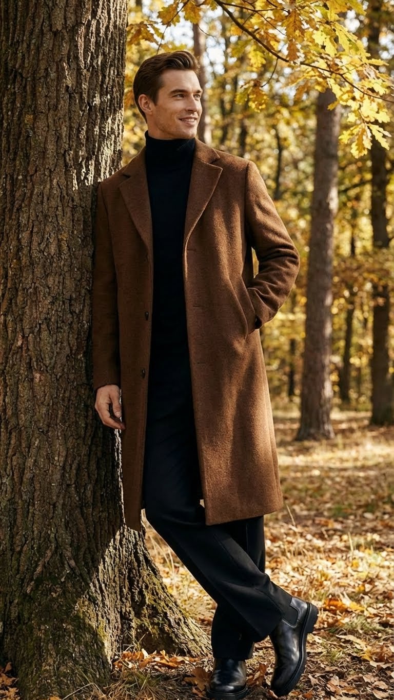 Men's Brown Long Wool Overcoat - Topcoat Wool Carcoat Three Quarter