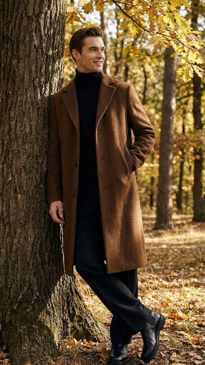 Men's Brown Long Wool Overcoat - Topcoat Wool Carcoat Three Quarter