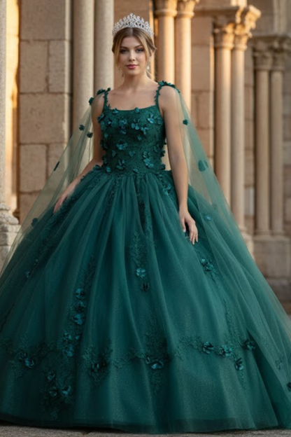 Quinceanera Dress Ball Gown Cape Sleeve 3D Floral and Plus Size