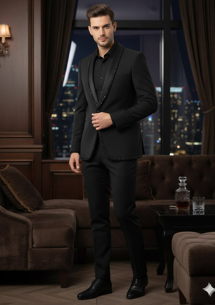 Mens Classic Black Designer Tuxedo Suit with Beaded Lapel  Elegant Formal and Party Wear Jacket and Pants
