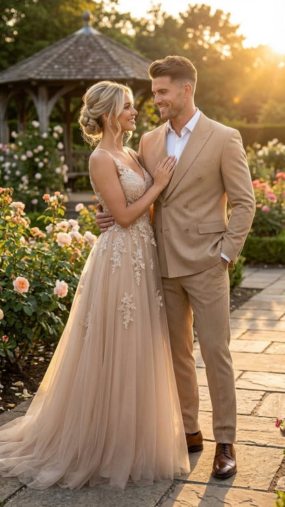 Vitali Brand Men’s Beige Double Breasted Suit – Classic Wedding, Prom & Party Wear Formal Outfit Khaki Camel Color