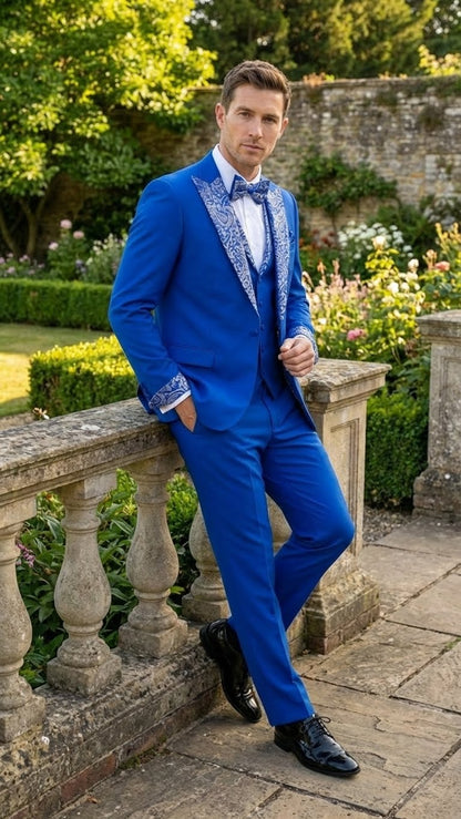 Mens Bright Royal Blue and White lapel  Embellished Tuxedo Suit   3-Piece Formal Wedding, Prom, and Gala Outfit