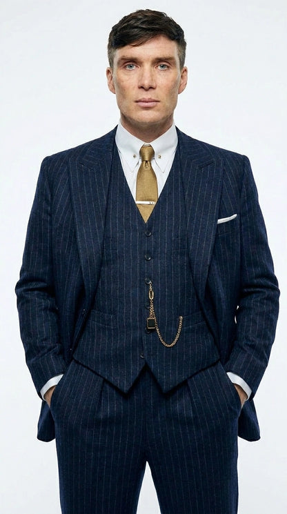 Men’s Navy Blue Pinstripe 3 Piece Suit, Thomas Shelby Inspired Vintage Formal Suit for Weddings, Parties, Prom, and Special Events