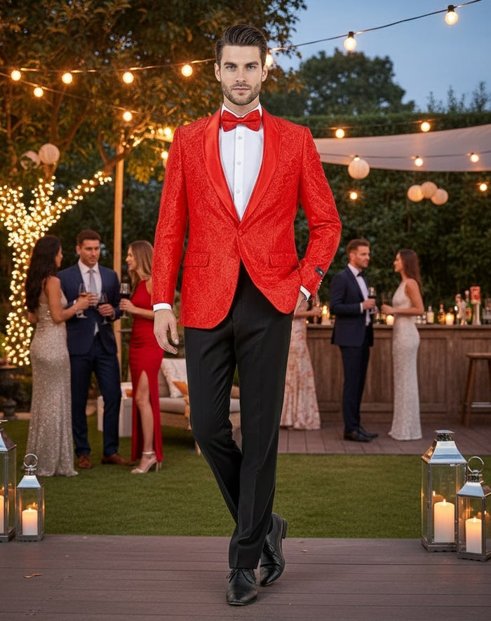 Big and Tall Mens Red Paisley Tuxedo Jacket  Satin Shawl Lapel Blazer with Bow Tie - Christmas Jacket