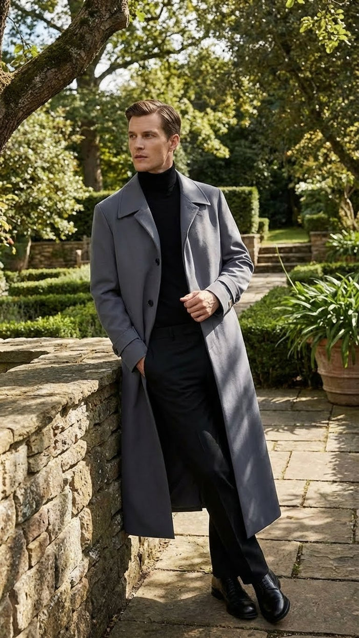 Mens Full-Length Charcoal Grey Overcoat  Premium Microfiber Blend Long Dress Coat for Winter and Formal Wear in Gray Color