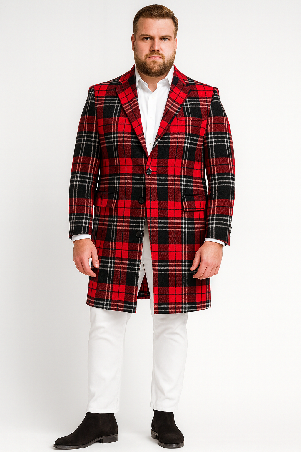 Mens Red Plaid Wool Overcoat  Classic Tartan Check Long Coat for Stylish Winter Wear