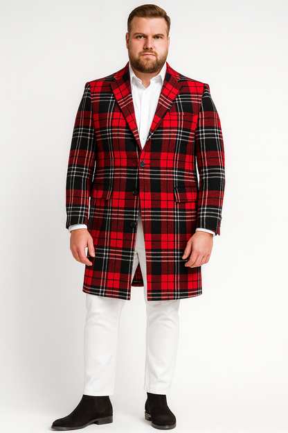 Mens Red Plaid Wool Overcoat  Classic Tartan Check Long Coat for Stylish Winter Wear