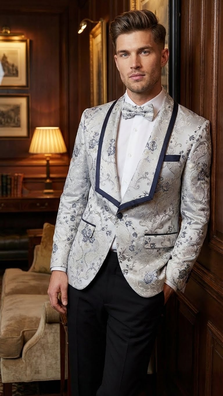 Mens White and Navy Blue Lapel  Floral Jacquard Blazer with Contrast Shawl Lapel  Luxury Wedding and Party Wear Jacket paisley Tuxedo Navy Pants