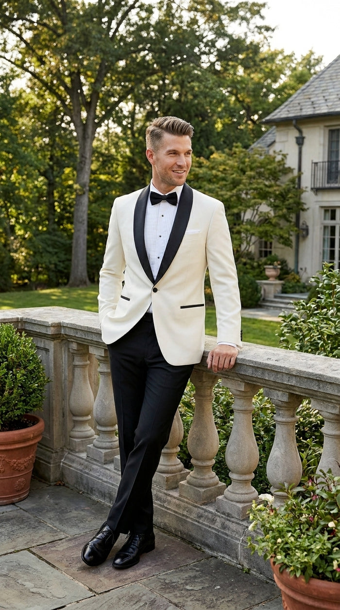 Men’s Ivory Dinner Jacket Blazer with Black Shawl Lapel, Formal Wedding Tuxedo Sport Coat