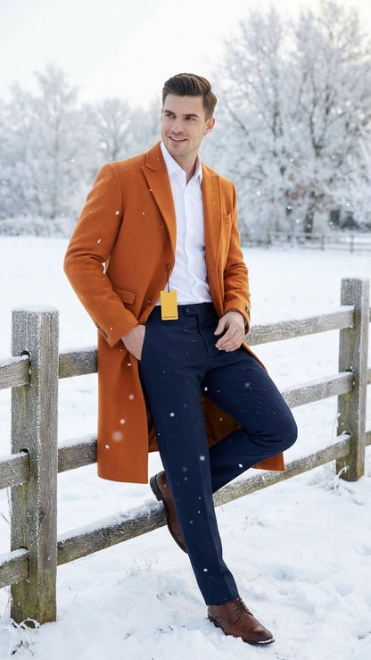 Mens Orange - Rust Wool Blend Long Overcoat  Topcoat Carcoat Topcoat