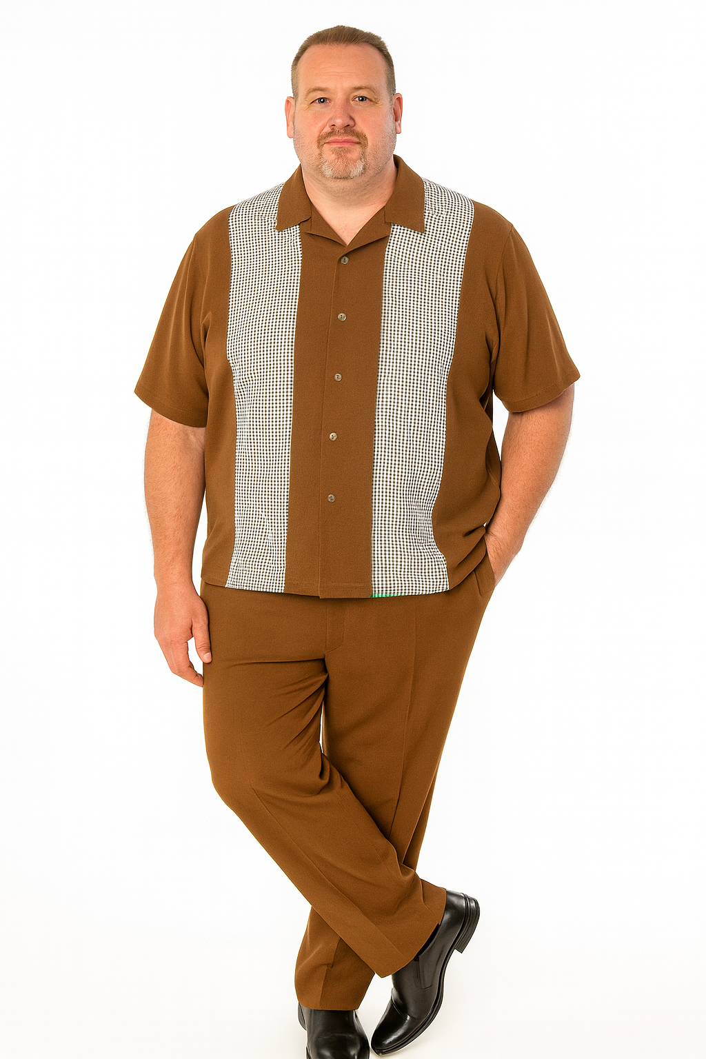 Mens Cognac Tan Two-Piece Outfit  Short Sleeve Button-Up Shirt and Pants Set