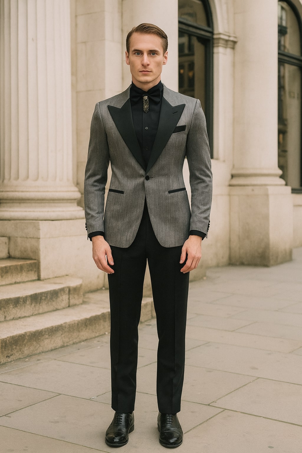 Silver Metallic Tuxedo Suit with Black Satin Peak Lapel  Mens Slim Fit Formal Wedding and Prom Attire in Charcoal Grey With Pants