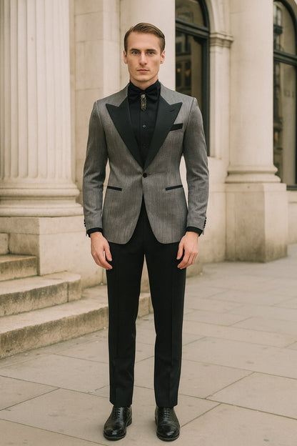 Silver Metallic Tuxedo Suit with Black Satin Peak Lapel  Mens Slim Fit Formal Wedding and Prom Attire in Charcoal Grey With Pants