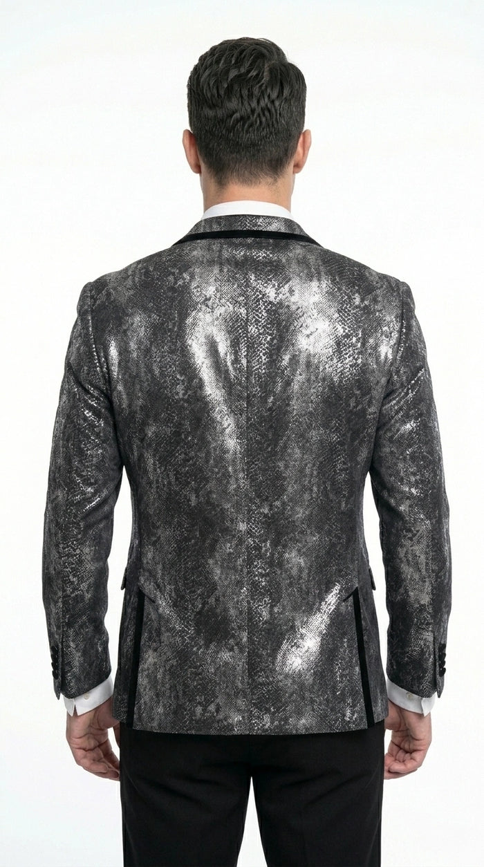 Men’s Black and Charcoal Gray Snakeskin Print Blazer, Animial Exotic Skin Alligator Crocodile Texture