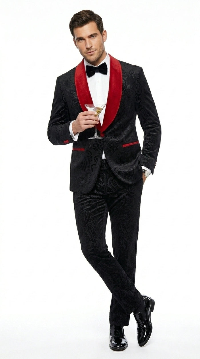 Men’s Black Paisley 2 Piece Suit with Red Shawl Lapel, Formal Wedding Prom Party Suit Set