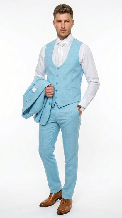 Men’s Turquoise Light blue Suit, Vested Formal Dress Suit for Weddings, Prom, Summer Parties, and Special Occasions in Aqua Blue Color By Rossiman