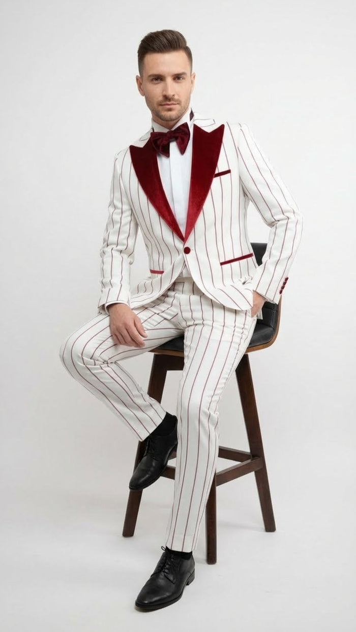 Mens White and Dark Red Pinstripe Tuxedo with Velvet Shawl Lapel  Formal Dinner Blazer Prom Christmas New Year Holiday Suit