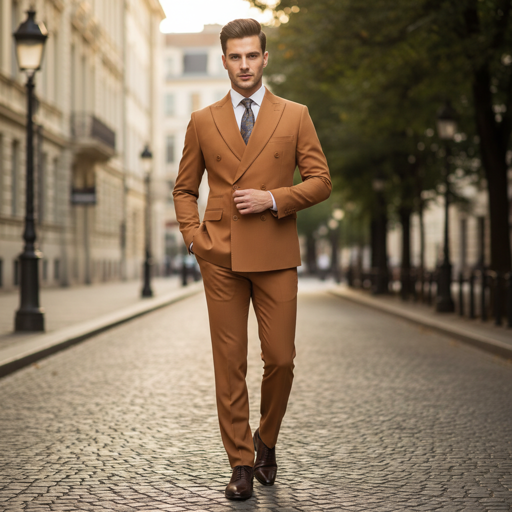 Mens Vitali Brand Rustish Orange Brown Copper Color Double Breasted Slim Fit Suit