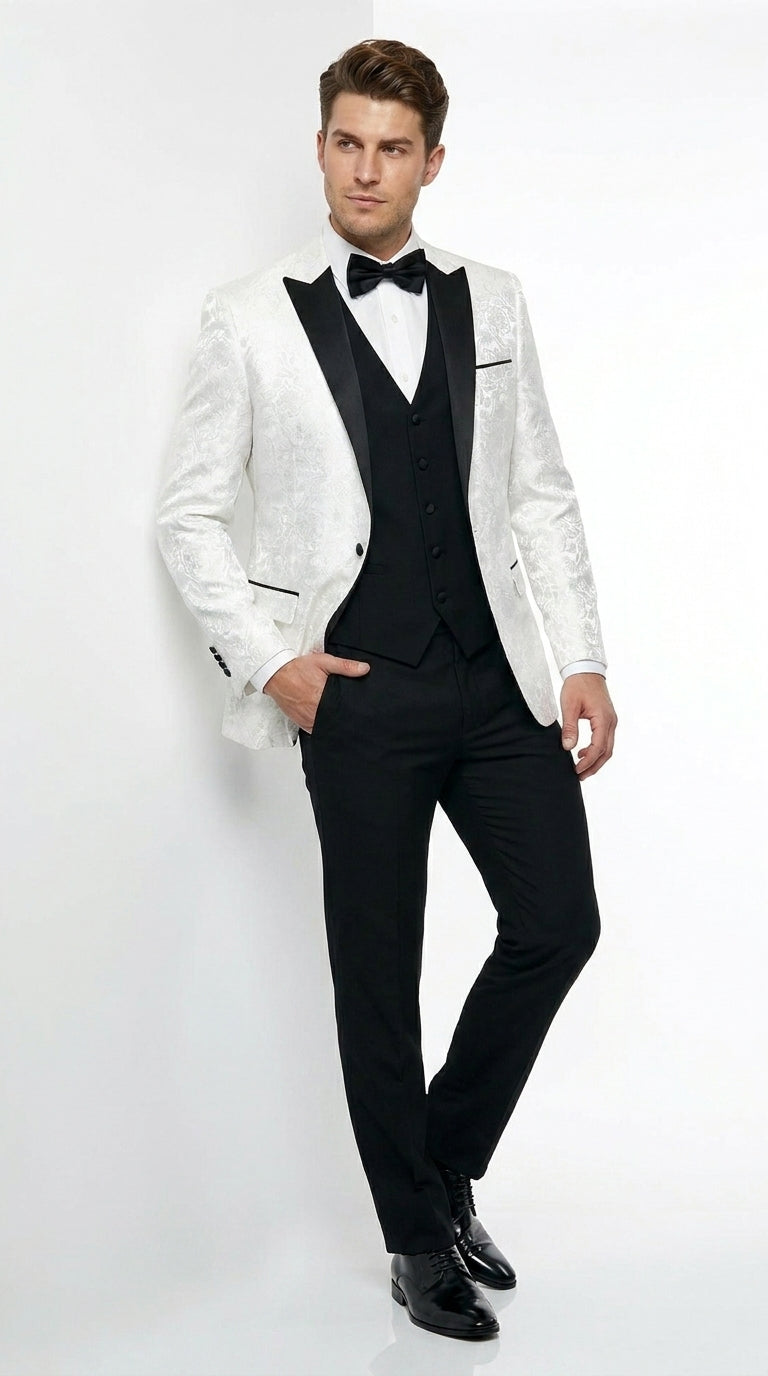 Men’s White Shiny Paisley Flower Pattern Tuxedo Jacket with Black Lapel, Formal Wedding Blazer