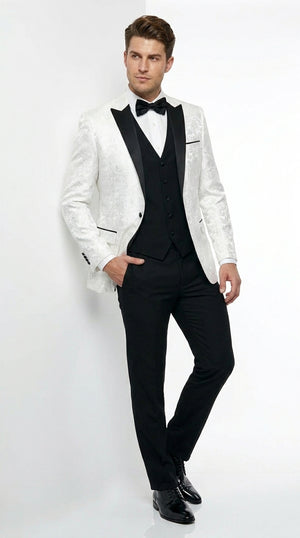 Men’s White Shiny Paisley Flower Pattern Tuxedo Jacket with Black Lapel, Formal Wedding Blazer