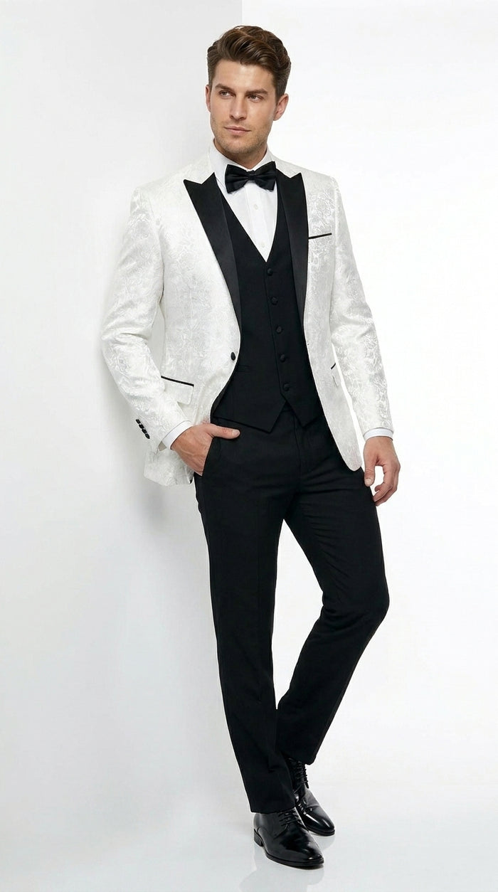 Men’s White Shiny Paisley Flower Pattern Tuxedo Jacket with Black Lapel, Formal Wedding Blazer