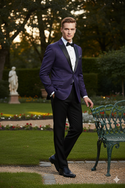 Mens Purple Paisley Tuxedo Jacket  Ultra Slim Fit Dinner Blazer with Black Satin Peak Lapel