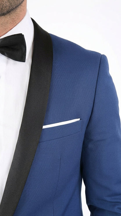 Men’s Indigo Shawl Prom Tuxedo with Black Lapel, One Button Jacket and Matching Pants