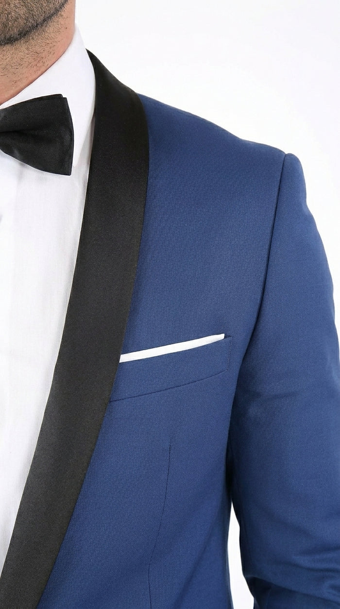 Men’s Indigo Shawl Prom Tuxedo with Black Lapel, One Button Jacket and Matching Pants